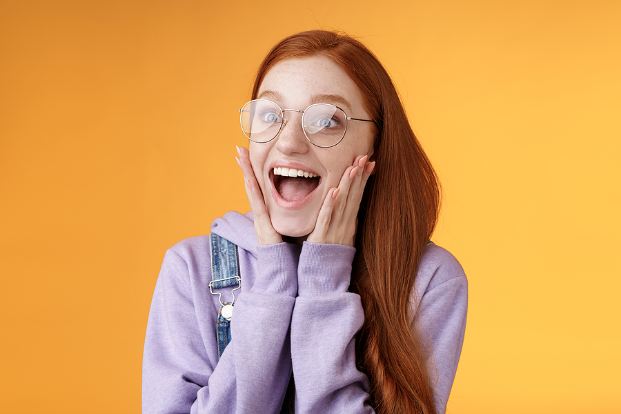 Excited Happy Smiling Broadly Redhead Girlfriend Drop Jaw Grinni